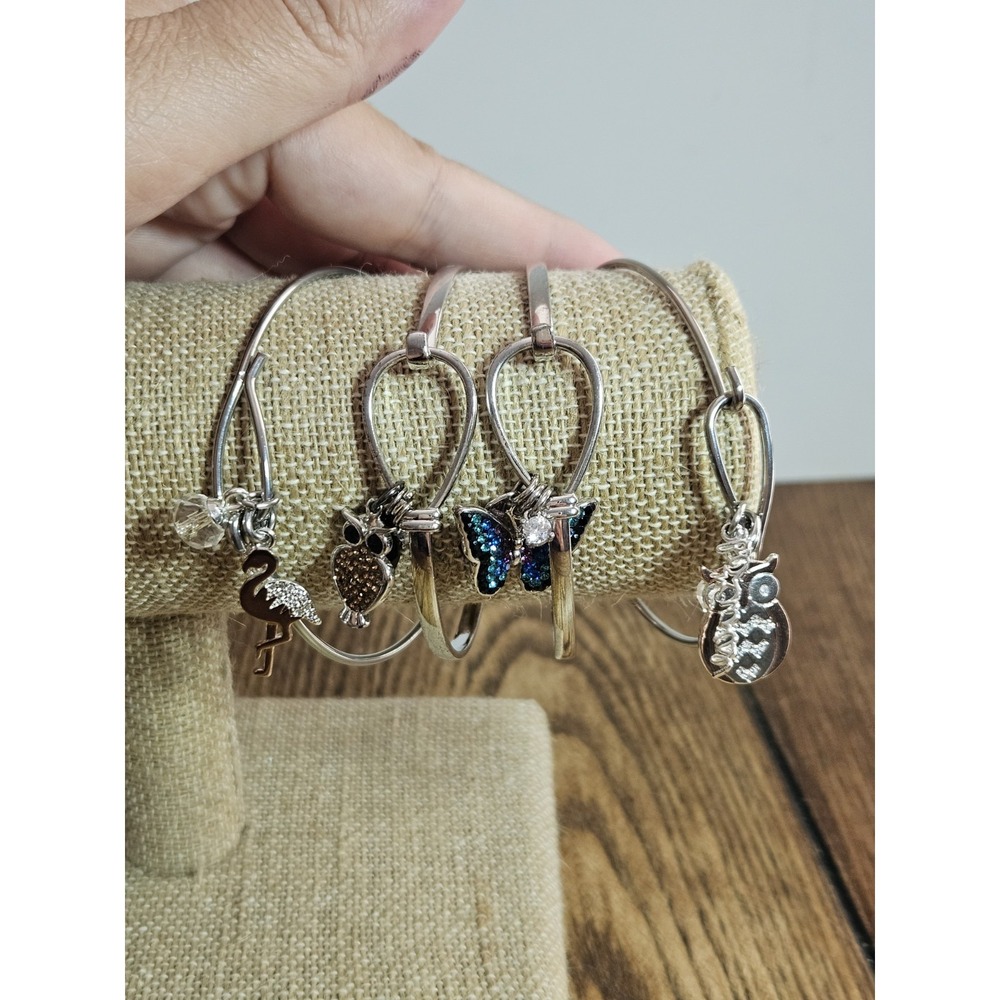 Cottagecore Silver Wire Hook Bangle Bracelet Lot 4pc Flamingo Owl Butterfly